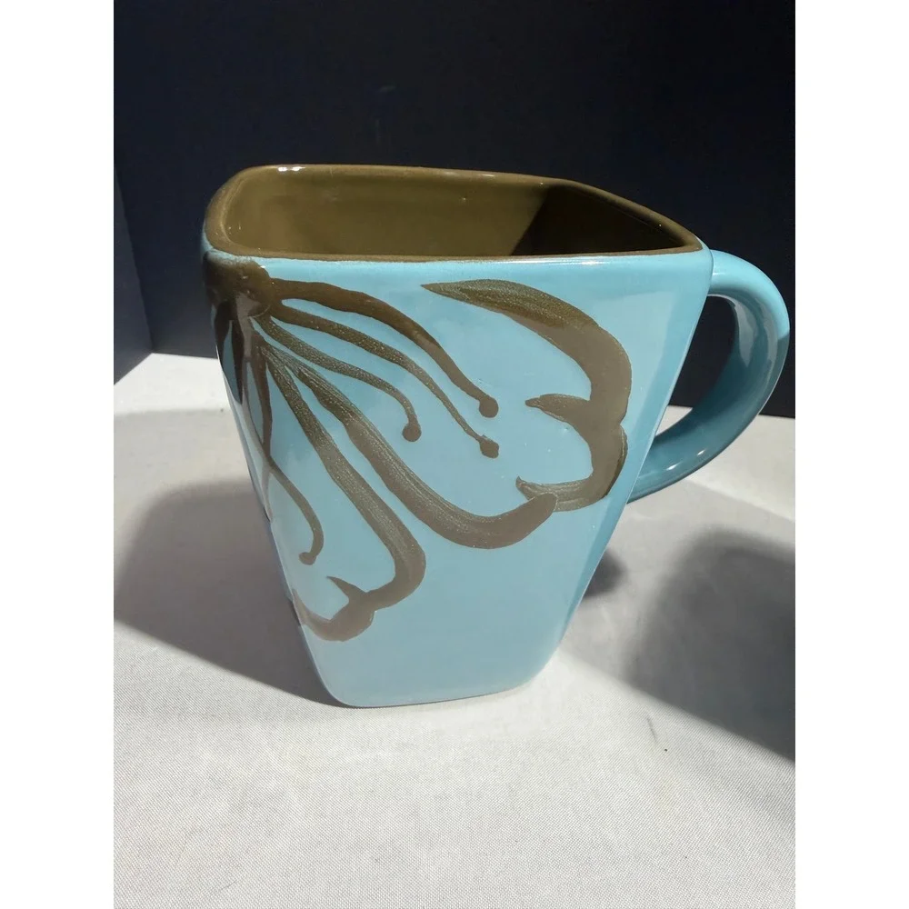 Pier 1 Hibiscus Square Stoneware Mugs Set of 2 Turquoise Blue Brown Floral